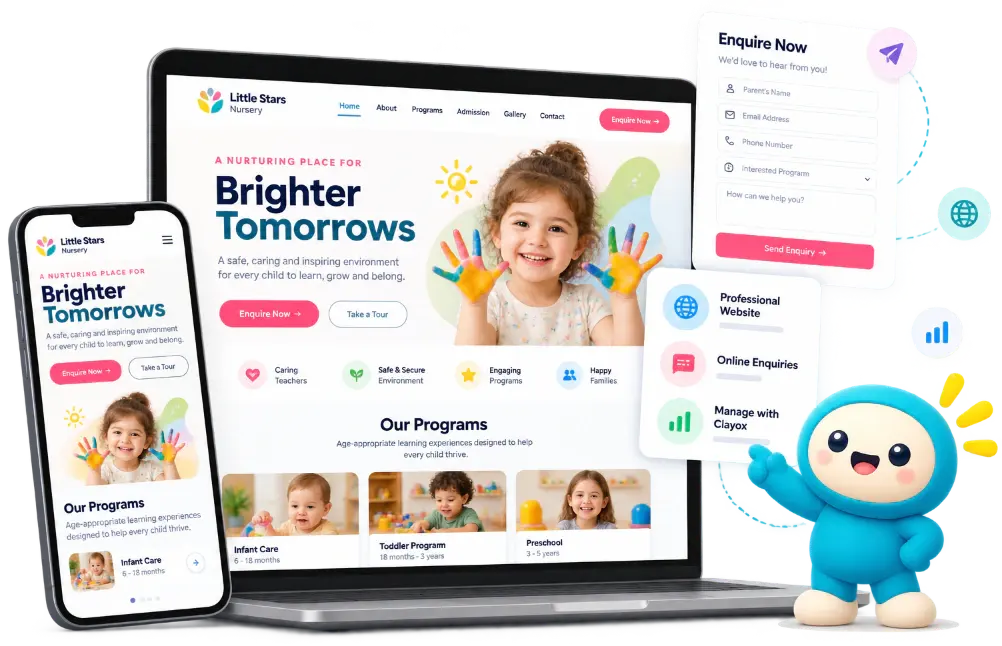 Illustration of a childcare centre website on a laptop and phone, with an enquiry form beside it.